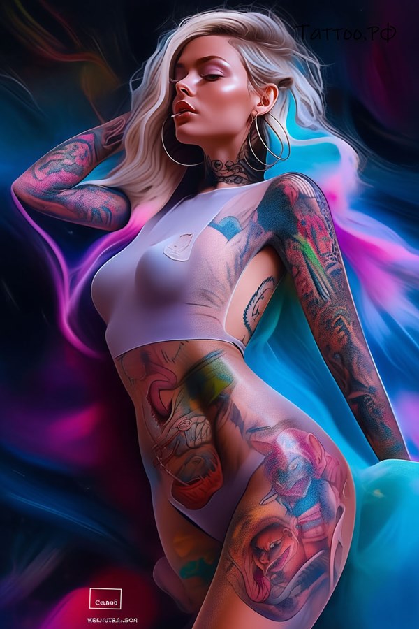 Фото тату A girl with a celestial-themed sleeve tattoo.