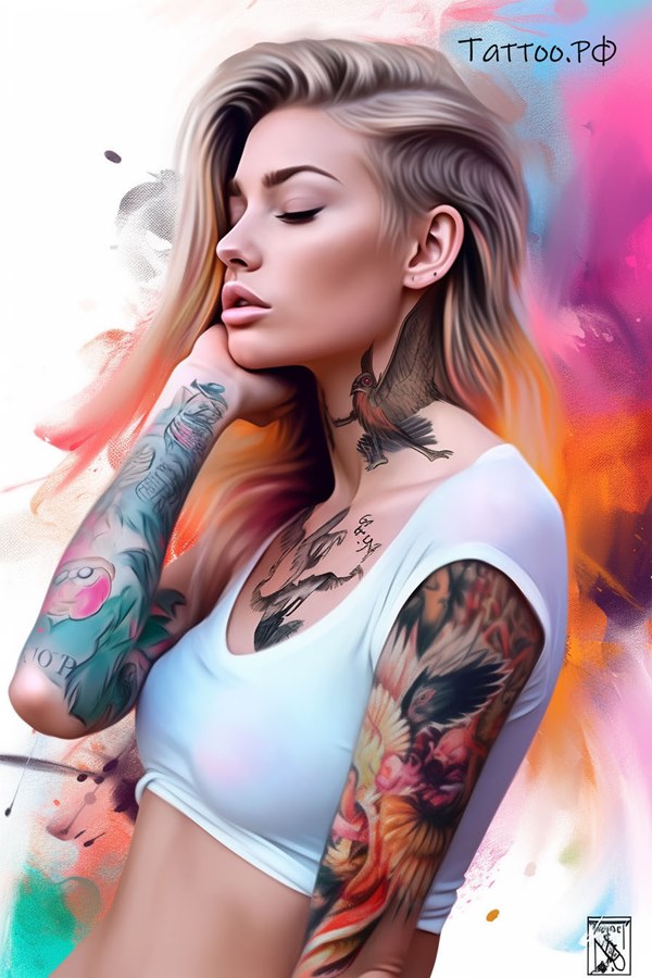 Фото тату Tattoos that blend with a girl\'s body and create a seamless design.