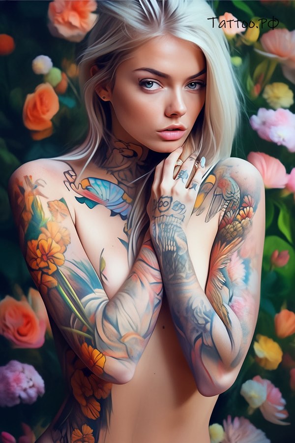 Фото тату A black and white portrait highlighting a woman\'s confidence through her tattoos.